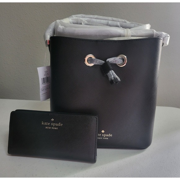 kate spade Handbags - NEW Kate Spade Black Saffiano Leather‎ Bucket Bag and Slim Wallet Set K4378